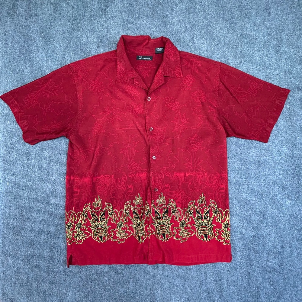 No‎ Boundaries Mens Red Tiki Mask Tropical Y2K Button Down Shirt Large L